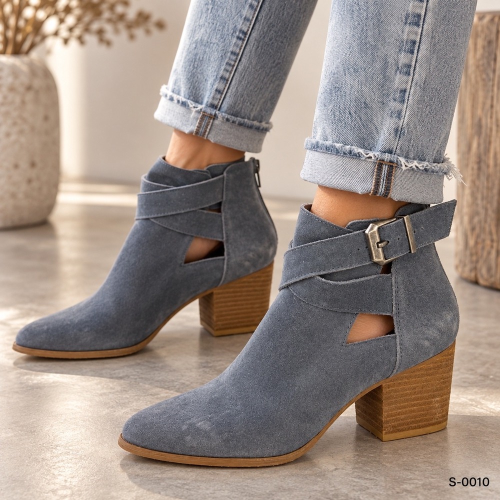 Sole Society Blue Grey Suede Cutout Ankle Booties Stacked Heel Womens 8M S-0010